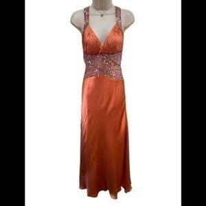 Jovani 100% Silk peach long open deep back criss cross at the top *flawed*